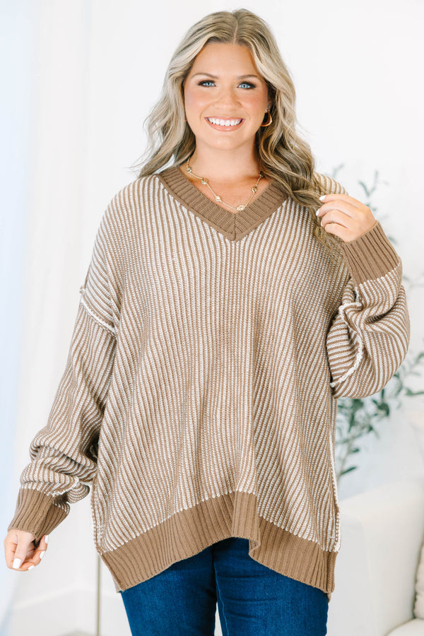 Plus size long sleeve brown and white textured stripe sweater