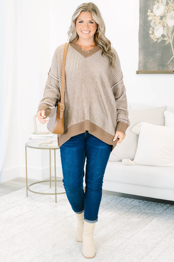 Plus size long sleeve brown and white textured stripe sweater