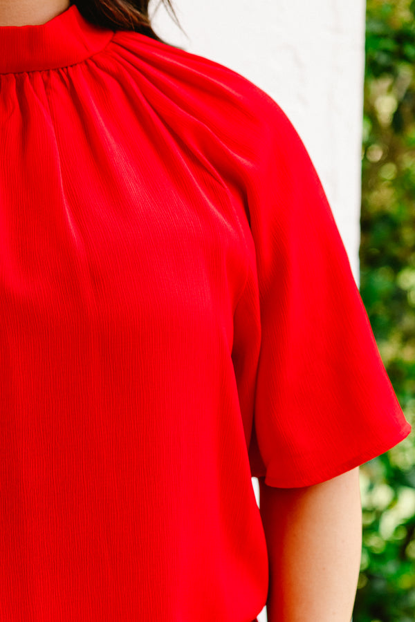 Chic Soul plus size clothing, red flowy blouse with a high neckline and elbow length sleeves