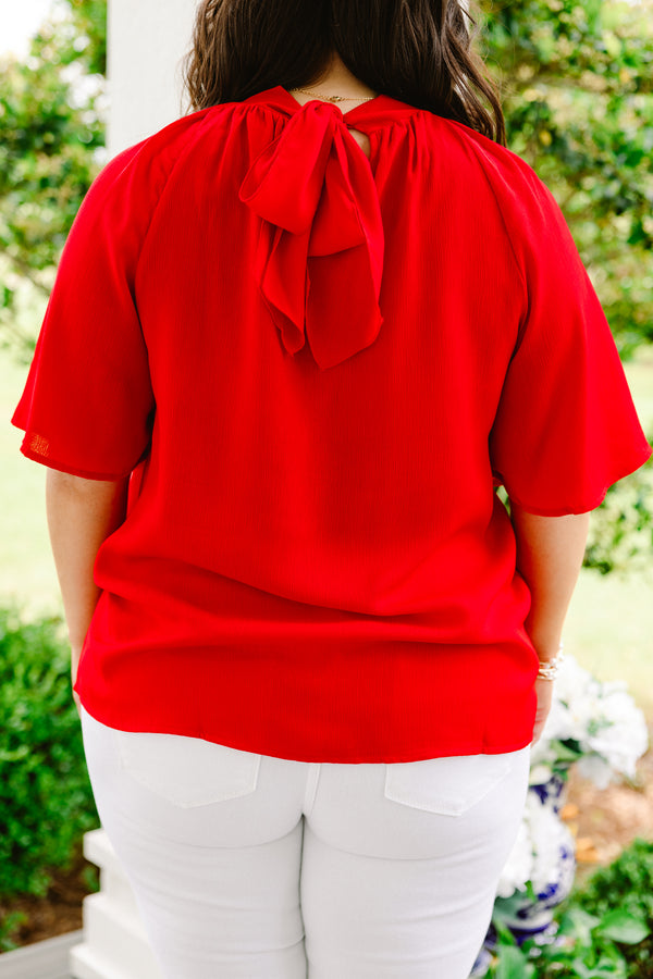 Chic Soul plus size clothing, red flowy blouse with a high neckline and elbow length sleeves