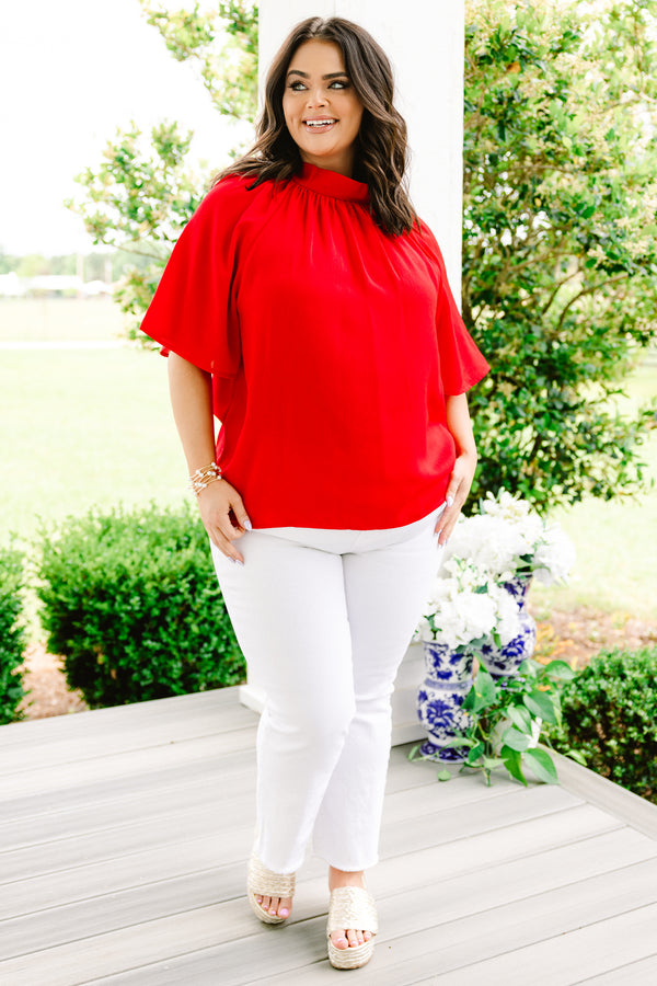 Chic Soul plus size clothing, red flowy blouse with a high neckline and elbow length sleeves