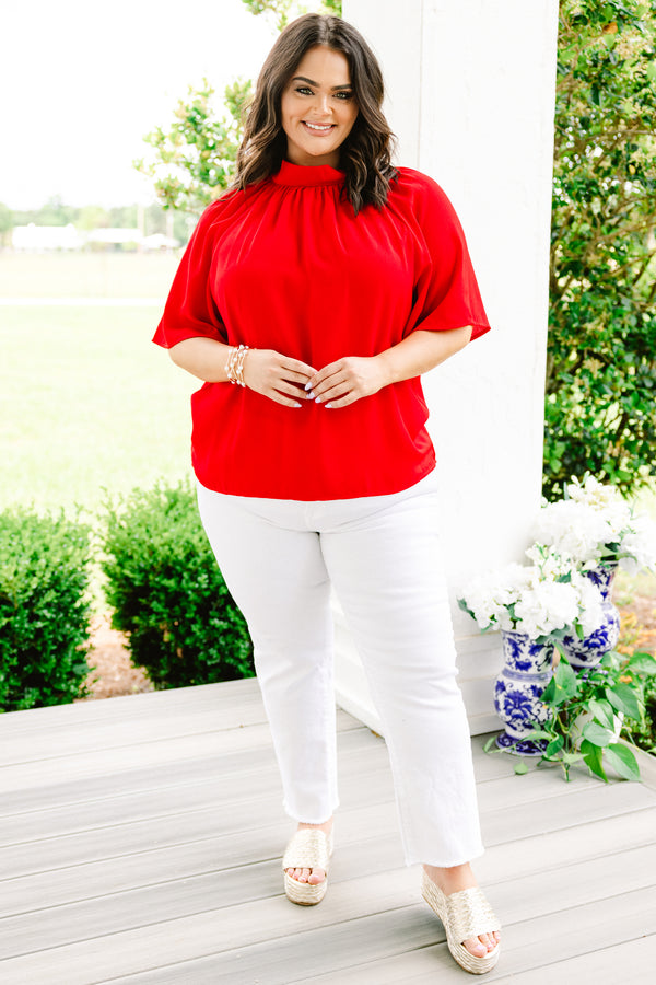Chic Soul plus size clothing, red flowy blouse with a high neckline and elbow length sleeves