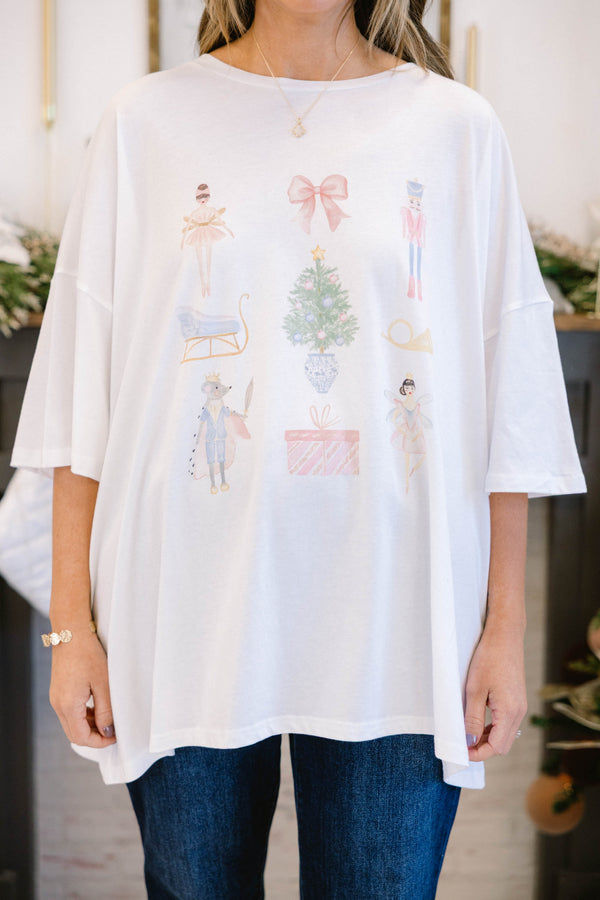 Chic Soul plus size clothing, white short sleeve boyfriend tee with pastel ballet and nutcracker scene graphics on tee