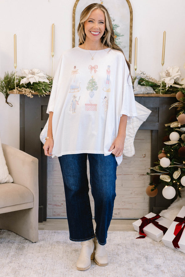 Chic Soul plus size clothing, white short sleeve boyfriend tee with pastel ballet and nutcracker scene graphics on tee