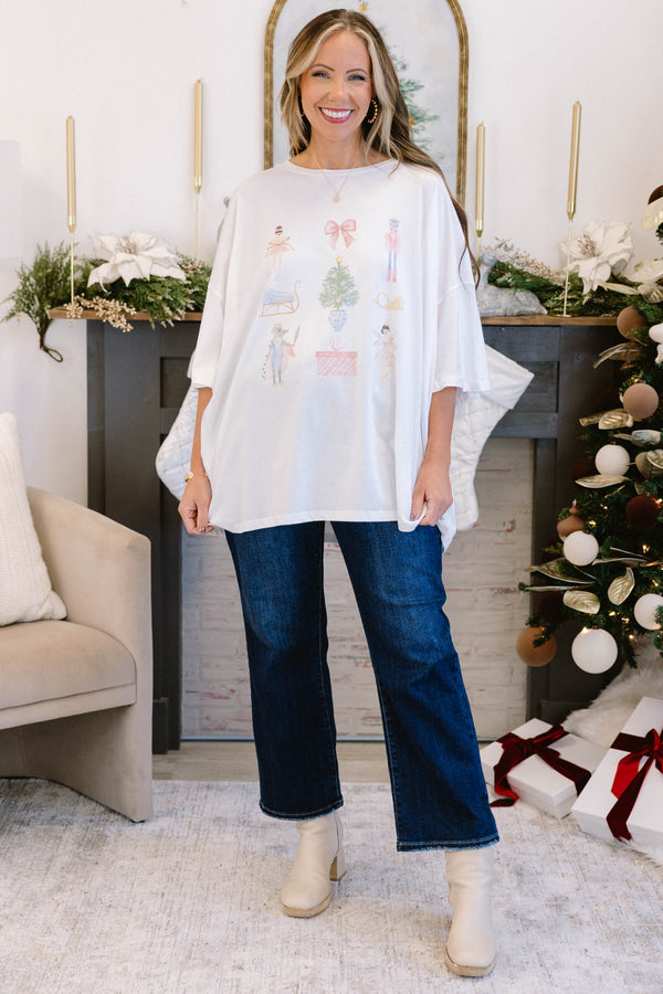 Chic Soul plus size clothing, white short sleeve boyfriend tee with pastel ballet and nutcracker scene graphics on tee