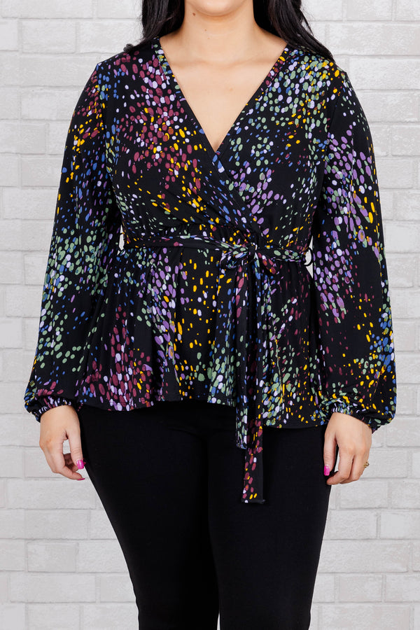 Chic Soul plus size clothing, black cross cross top with tie at waist and multicolor spotted pattern
