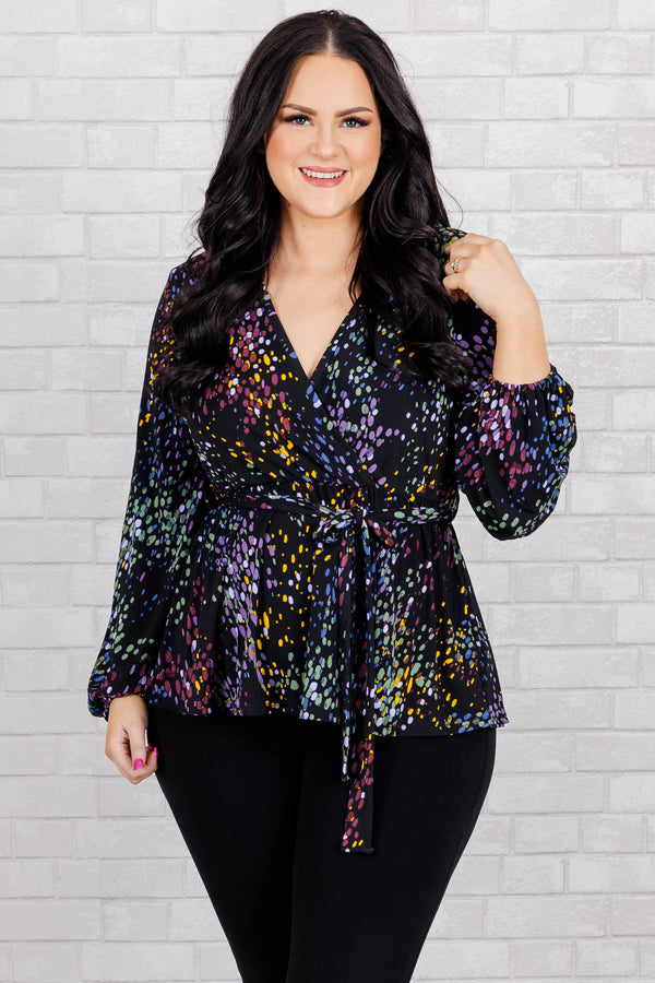 Chic Soul plus size clothing, black cross cross top with tie at waist and multicolor spotted pattern
