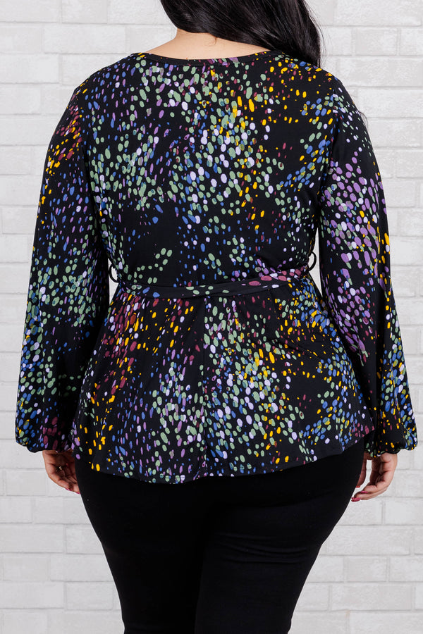 Chic Soul plus size clothing, black cross cross top with tie at waist and multicolor spotted pattern