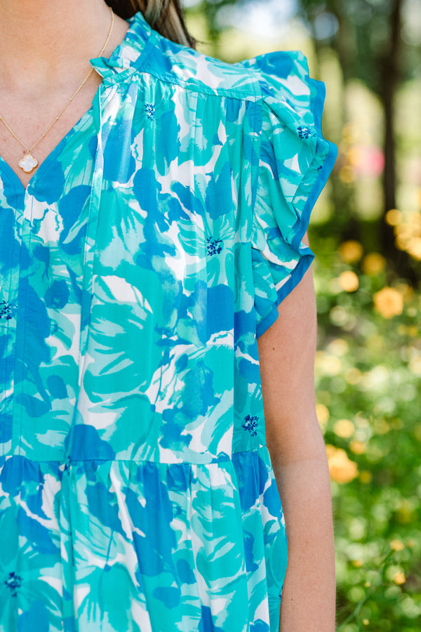 Chic Soul plus size clothing, blue casual babydoll top with a flutter sleeve and white and aqua floral pattern