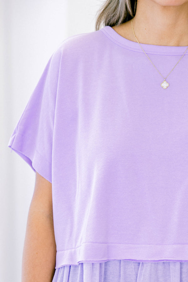 Chic Soul plus size clothing, short-sleeve light purple baby doll top with a high-scoop-neckline