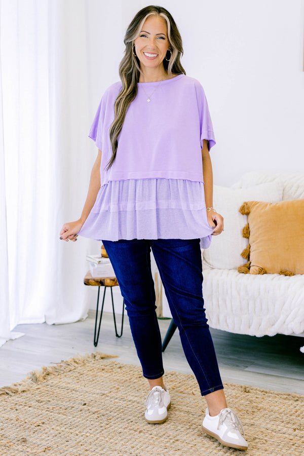 Chic Soul plus size clothing, short-sleeve light purple baby doll top with a high-scoop-neckline