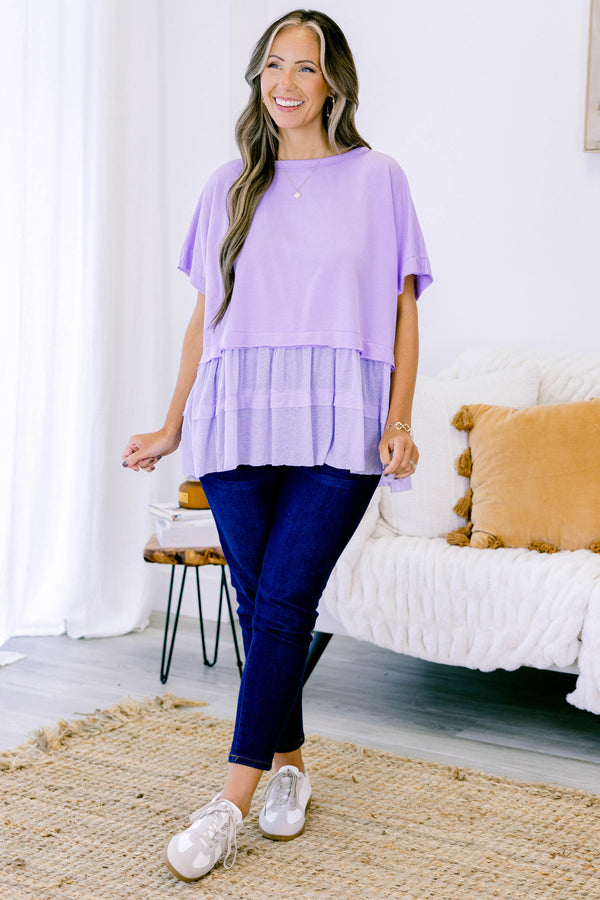 Chic Soul plus size clothing, short-sleeve light purple baby doll top with a high-scoop-neckline