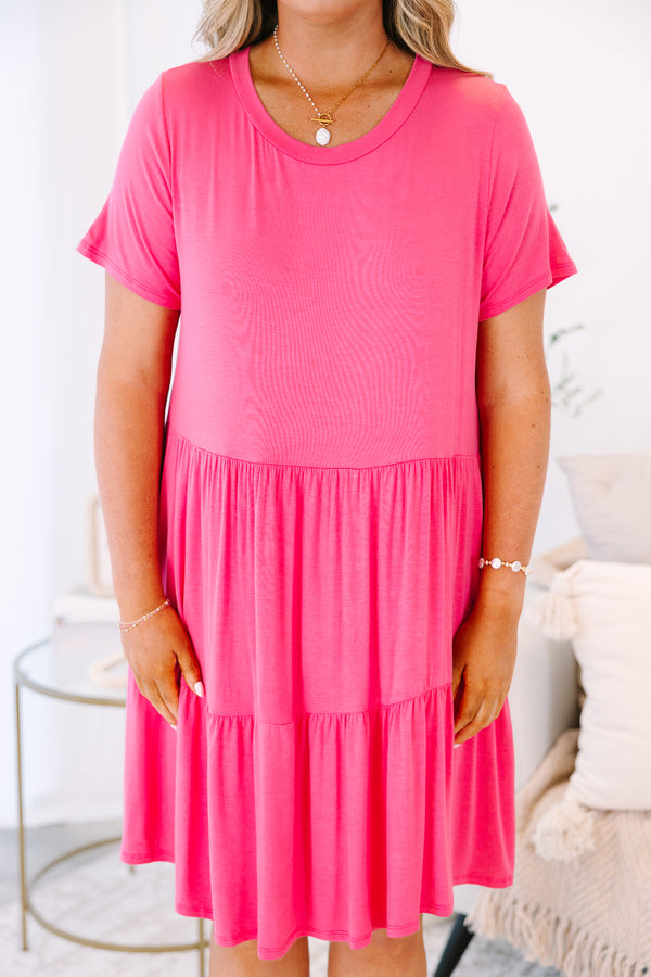 Plus Size short-sleeve pink tiered babydoll dress with a crew neckline.