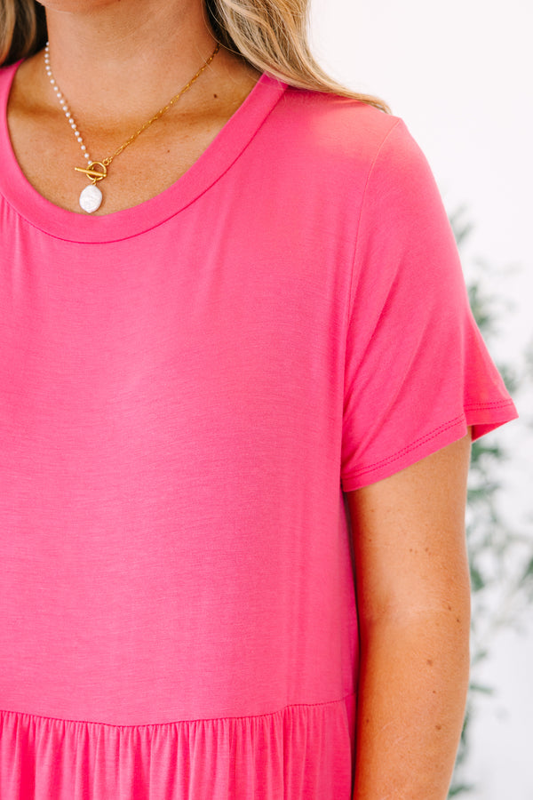 Plus Size short-sleeve pink tiered babydoll dress with a crew neckline.