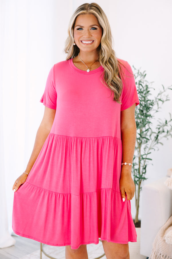 Plus Size short-sleeve pink tiered babydoll dress with a crew neckline.