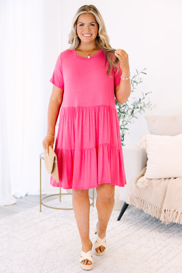Plus Size short-sleeve pink tiered babydoll dress with a crew neckline.