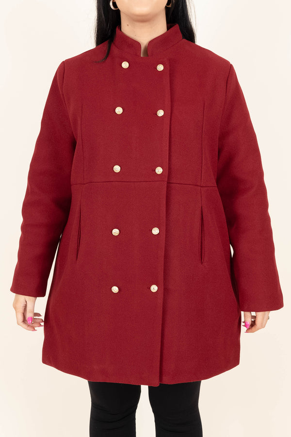 Chic Soul plus size clothing, wine double buttoned coat with a high neckline
