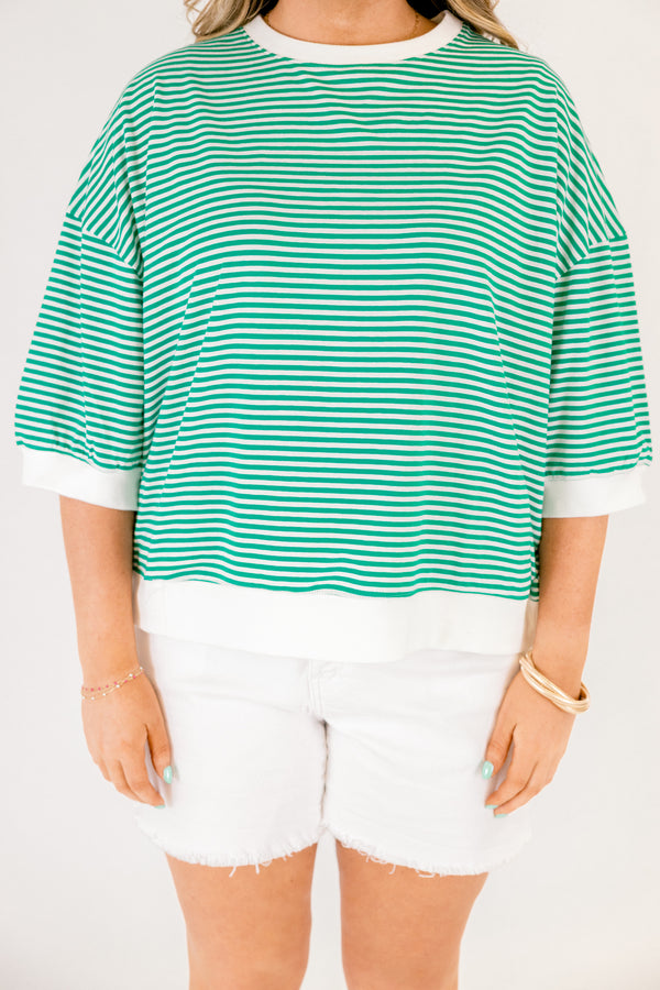 Chic Soul plus size clothing, kelly green and white thin horizontal stripe short sleeve cropped tee with white trim around the neckline, sleeves, and hem