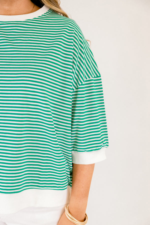 Chic Soul plus size clothing, kelly green and white thin horizontal stripe short sleeve cropped tee with white trim around the neckline, sleeves, and hem