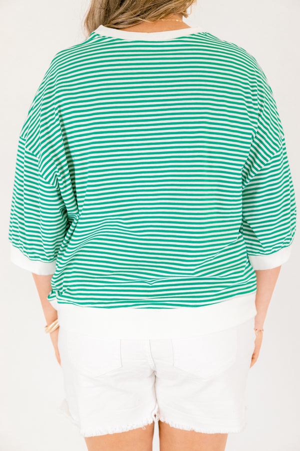 Chic Soul plus size clothing, kelly green and white thin horizontal stripe short sleeve cropped tee with white trim around the neckline, sleeves, and hem