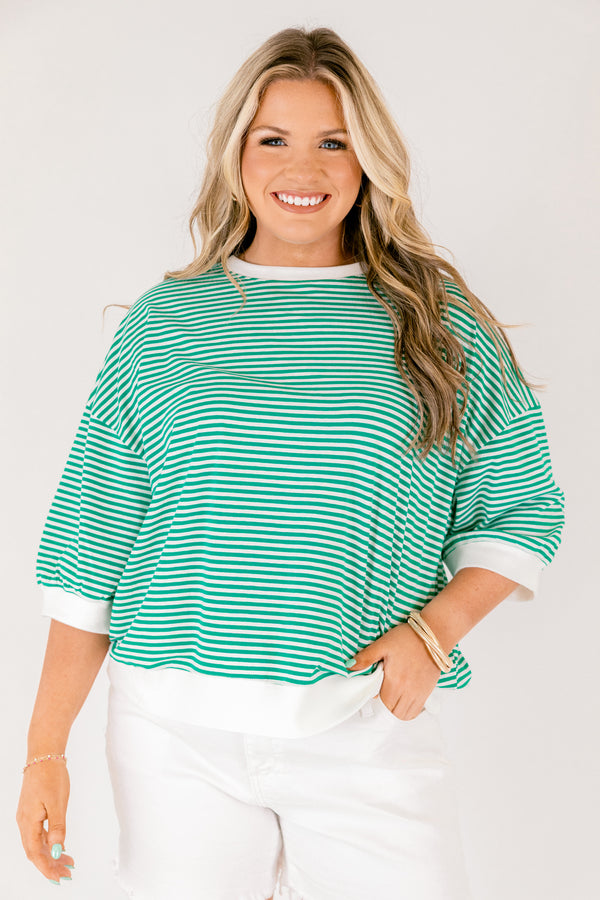 Chic Soul plus size clothing, kelly green and white thin horizontal stripe short sleeve cropped tee with white trim around the neckline, sleeves, and hem