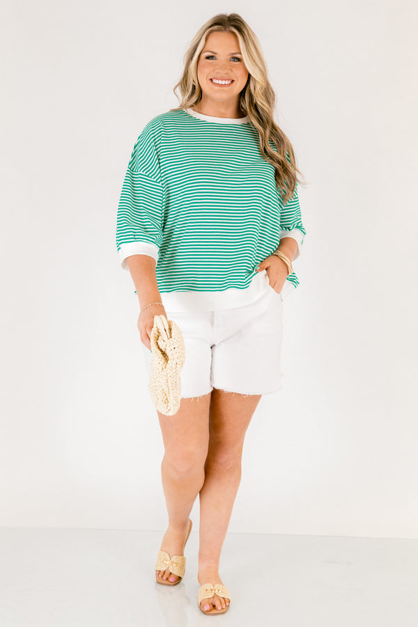 Chic Soul plus size clothing, kelly green and white thin horizontal stripe short sleeve cropped tee with white trim around the neckline, sleeves, and hem