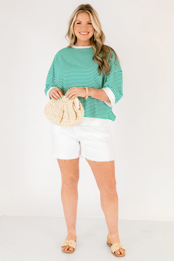Chic Soul plus size clothing, kelly green and white thin horizontal stripe short sleeve cropped tee with white trim around the neckline, sleeves, and hem