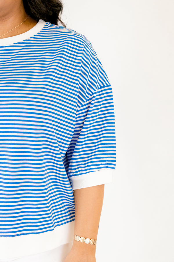Chic Soul plus size clothing, ocean blue and white horizontal pin stripe mid sleeve top with white border along the crew neckline, bottom of sleeves, and bottom of top