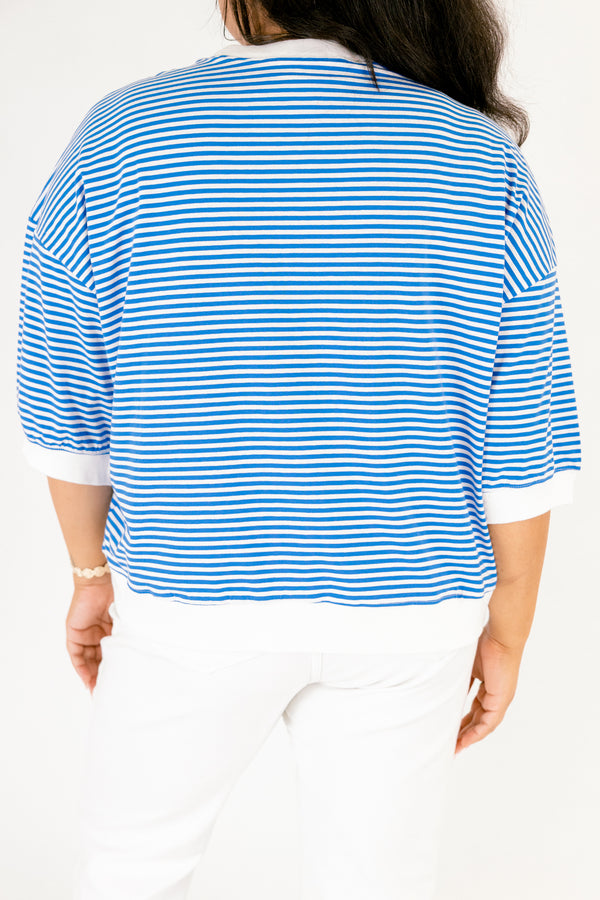 Chic Soul plus size clothing, ocean blue and white horizontal pin stripe mid sleeve top with white border along the crew neckline, bottom of sleeves, and bottom of top