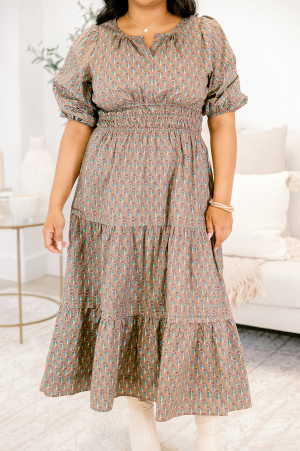 Chic Soul plus size clothing, light brown short sleeve maxi dress with teal abstract pattern, cinched waist, and small v-neckline