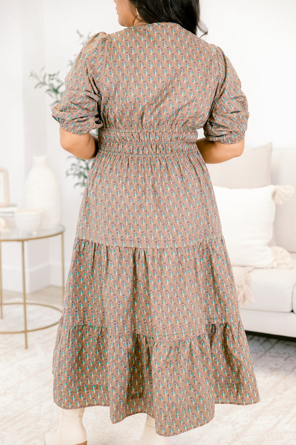 Chic Soul plus size clothing, light brown short sleeve maxi dress with teal abstract pattern, cinched waist, and small v-neckline