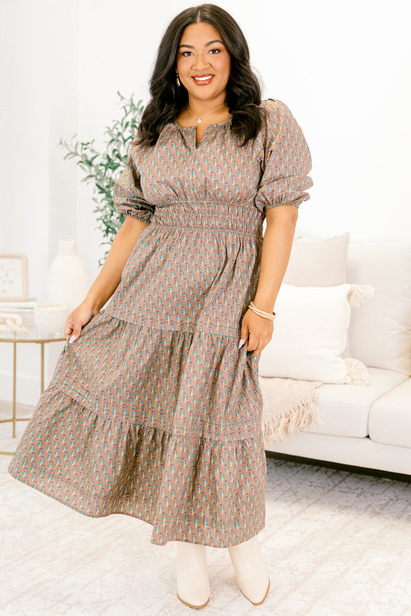 Chic Soul plus size clothing, light brown short sleeve maxi dress with teal abstract pattern, cinched waist, and small v-neckline