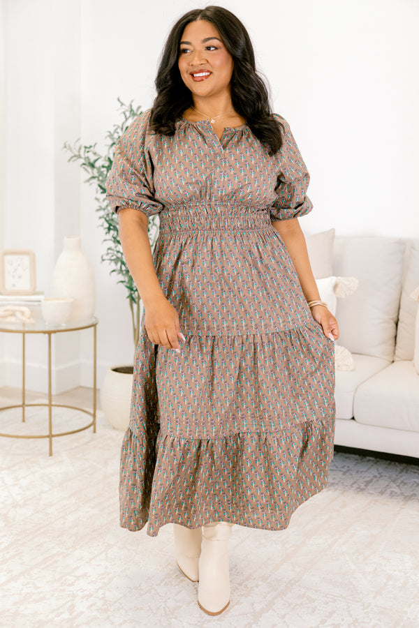 Chic Soul plus size clothing, light brown short sleeve maxi dress with teal abstract pattern, cinched waist, and small v-neckline