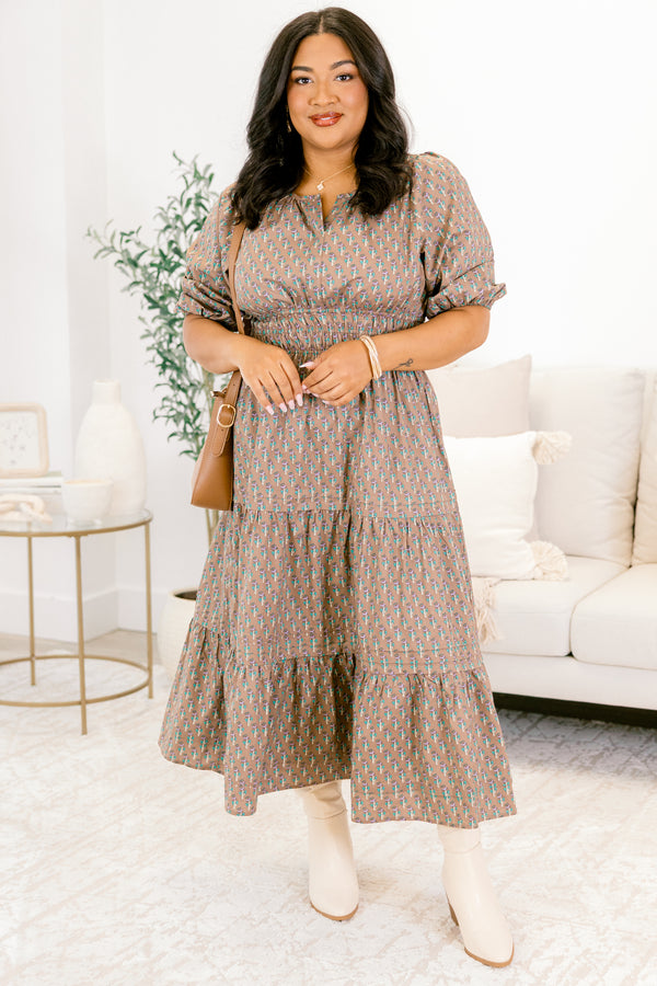 Chic Soul plus size clothing, light brown short sleeve maxi dress with teal abstract pattern, cinched waist, and small v-neckline