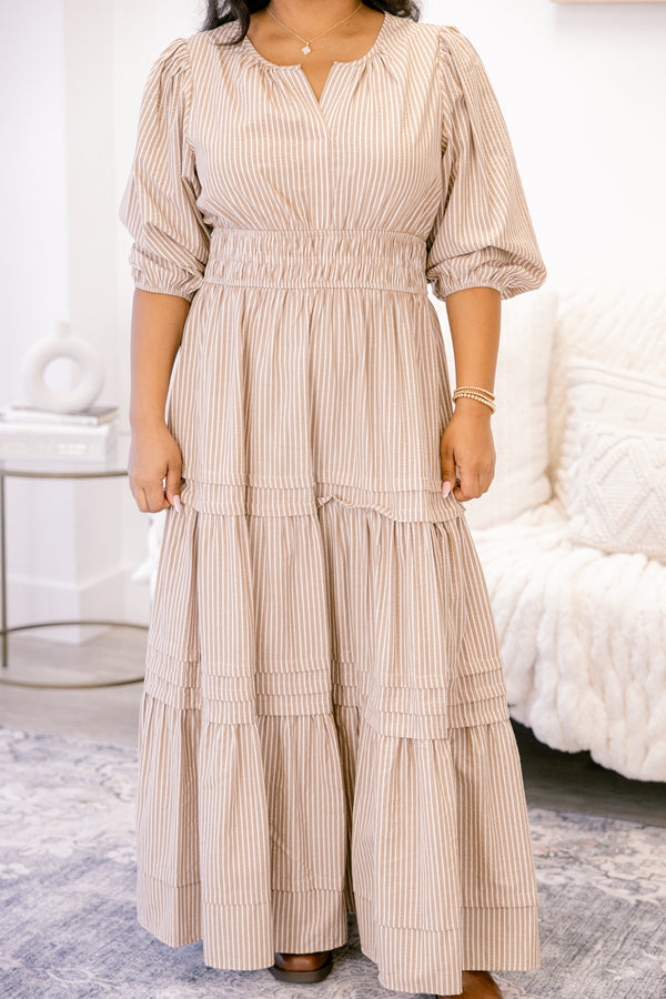 Chic Soul plus size clothing, brown and white vertical pin stripe tiered maxi dress with short puff sleeves and cinching at the waist