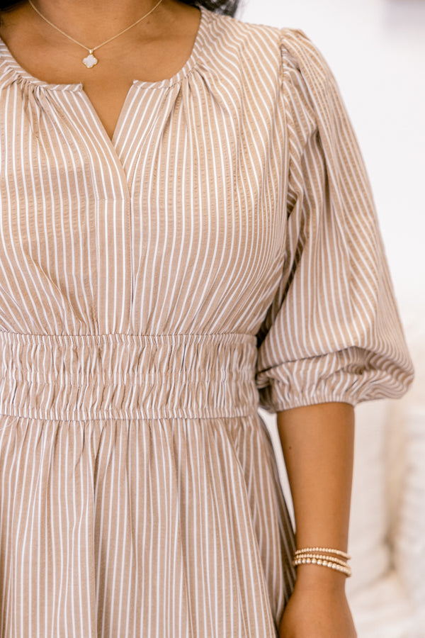 Chic Soul plus size clothing, brown and white vertical pin stripe tiered maxi dress with short puff sleeves and cinching at the waist