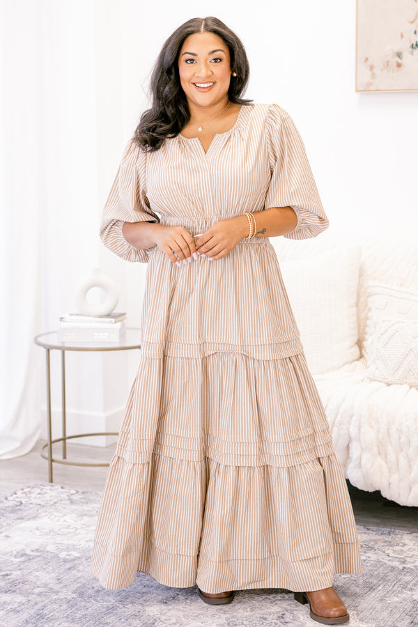 Chic Soul plus size clothing, brown and white vertical pin stripe tiered maxi dress with short puff sleeves and cinching at the waist