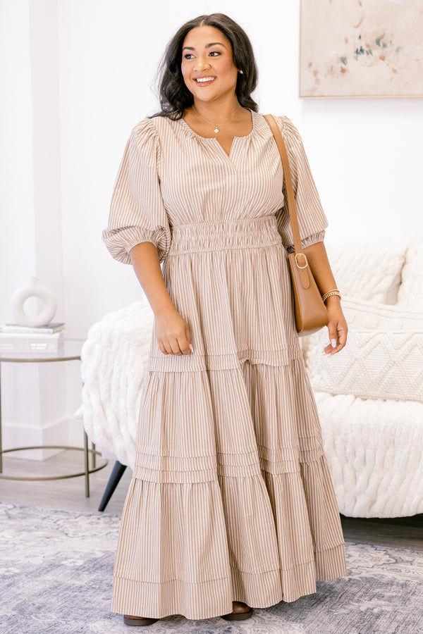 Chic Soul plus size clothing, brown and white vertical pin stripe tiered maxi dress with short puff sleeves and cinching at the waist