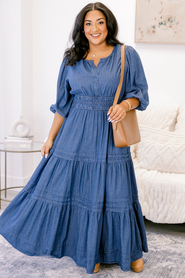 Chic Soul plus size clothing medium wash denim blue short puff sleeve long tiered maxi dress with a cinched waist