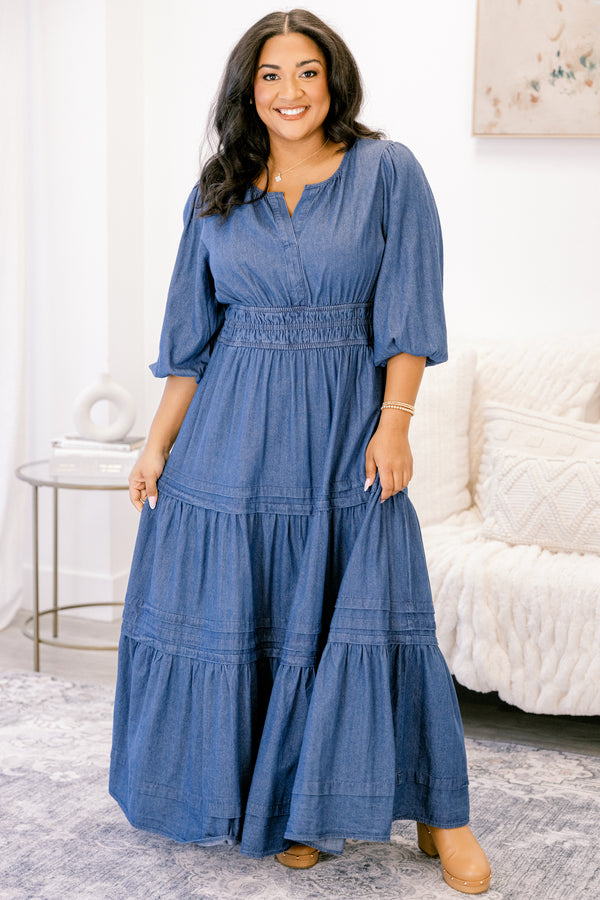 Chic Soul plus size clothing medium wash denim blue short puff sleeve long tiered maxi dress with a cinched waist