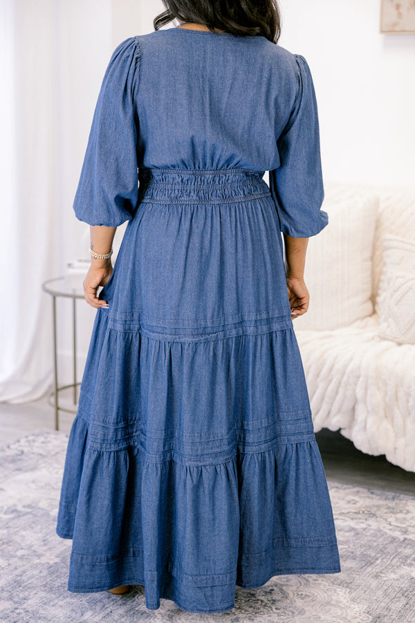 Chic Soul plus size clothing medium wash denim blue short puff sleeve long tiered maxi dress with a cinched waist