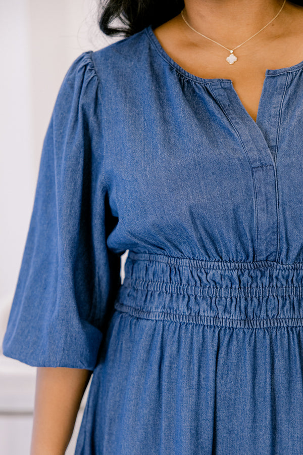 Chic Soul plus size clothing medium wash denim blue short puff sleeve long tiered maxi dress with a cinched waist