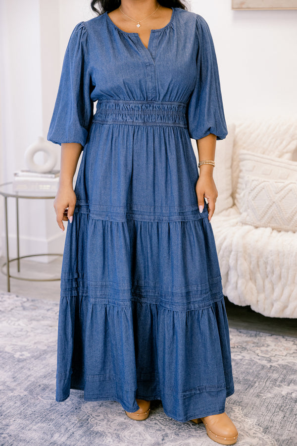 Chic Soul plus size clothing medium wash denim blue short puff sleeve long tiered maxi dress with a cinched waist