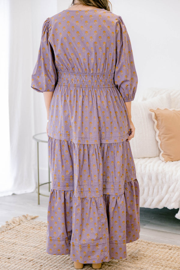 Chic Soul plus size clothing, dusty light purple long sleeve tiered maxi dress with v neckline and small yellow flower pattern
