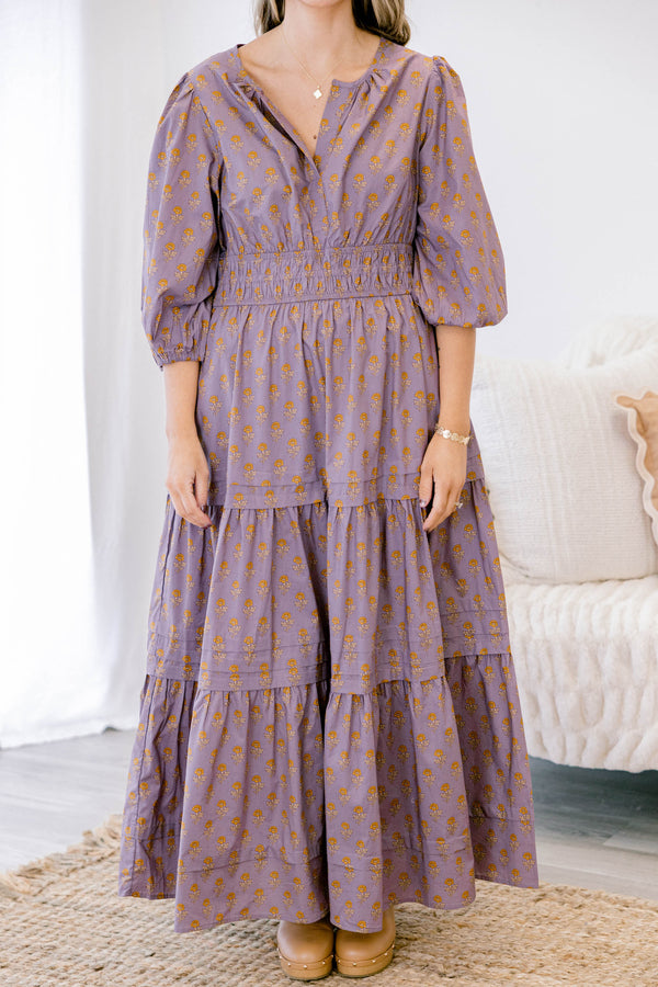 Chic Soul plus size clothing, dusty light purple long sleeve tiered maxi dress with v neckline and small yellow flower pattern