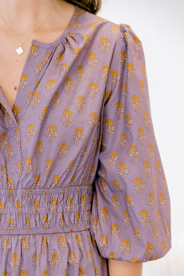 Chic Soul plus size clothing, dusty light purple long sleeve tiered maxi dress with v neckline and small yellow flower pattern