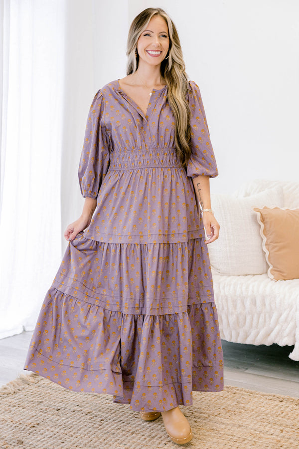 Chic Soul plus size clothing, dusty light purple long sleeve tiered maxi dress with v neckline and small yellow flower pattern