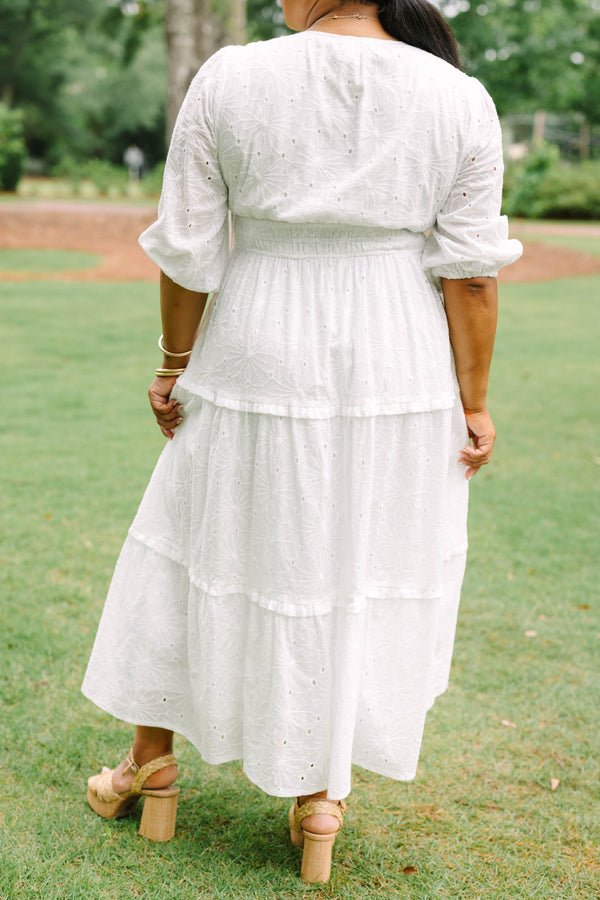 Chic Soul plus size clothing, white puff mid sleeve maxi dress with small v cut out at neckline and tiered skirt