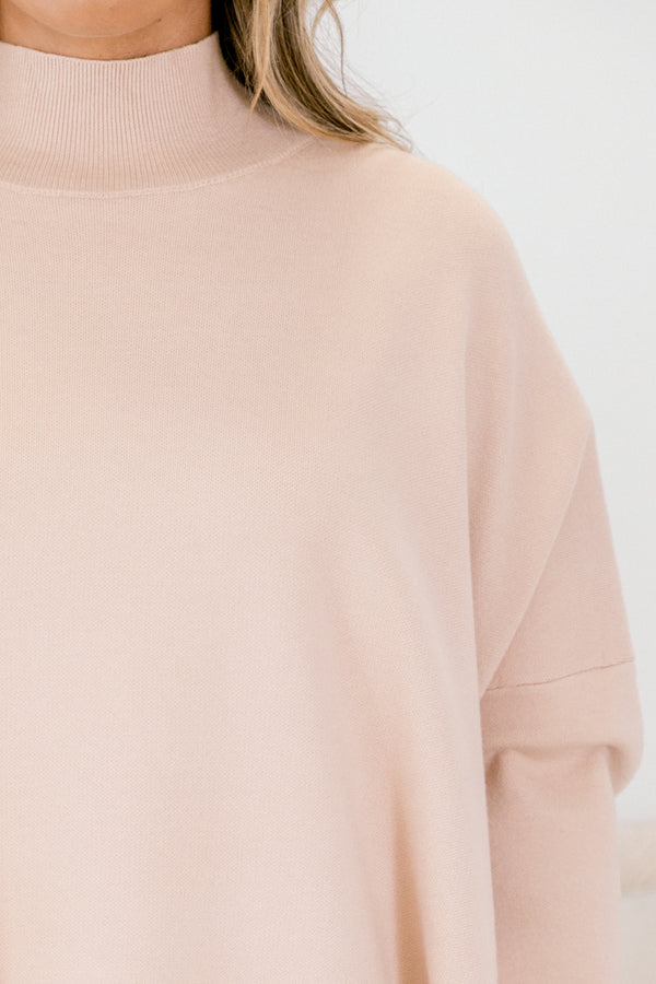 Chic Soul plus size clothing, taupe long sleeve mock neck sweater with side slits and scalloped hem