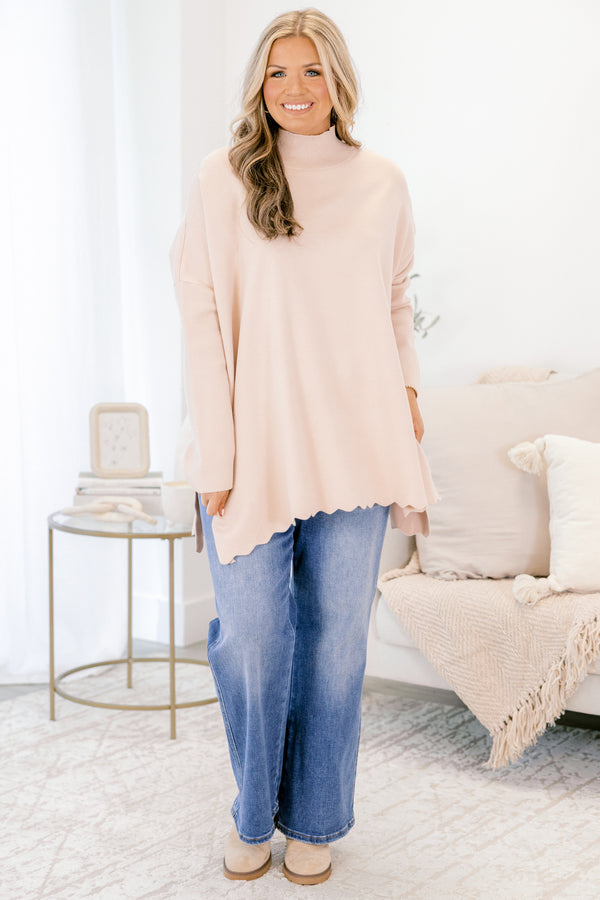 Chic Soul plus size clothing, taupe long sleeve mock neck sweater with side slits and scalloped hem